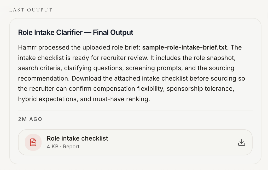 Structured Role Intake Clarifier output with downloadable agent deliverable