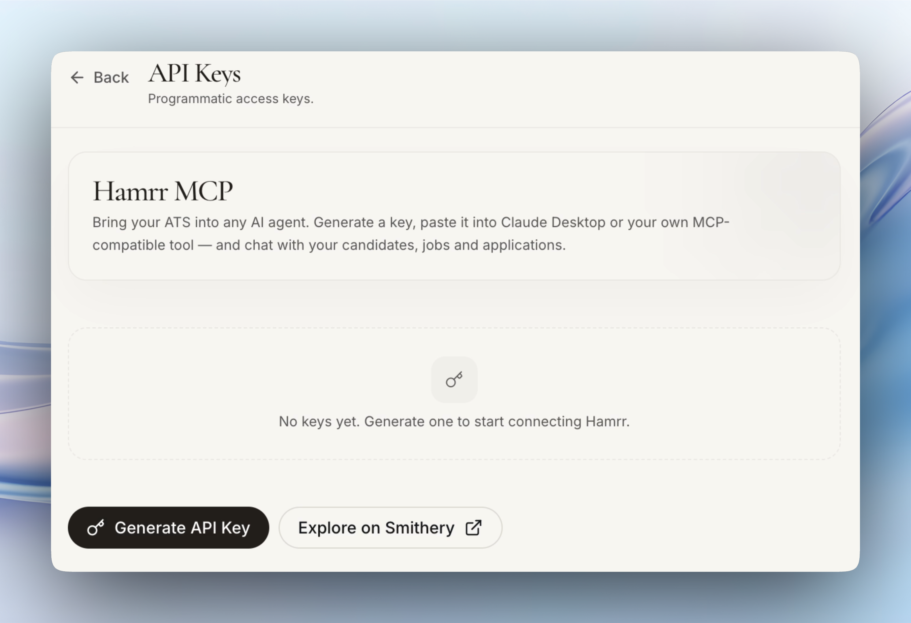 Hamrr MCP API keys screen for generating programmatic access keys