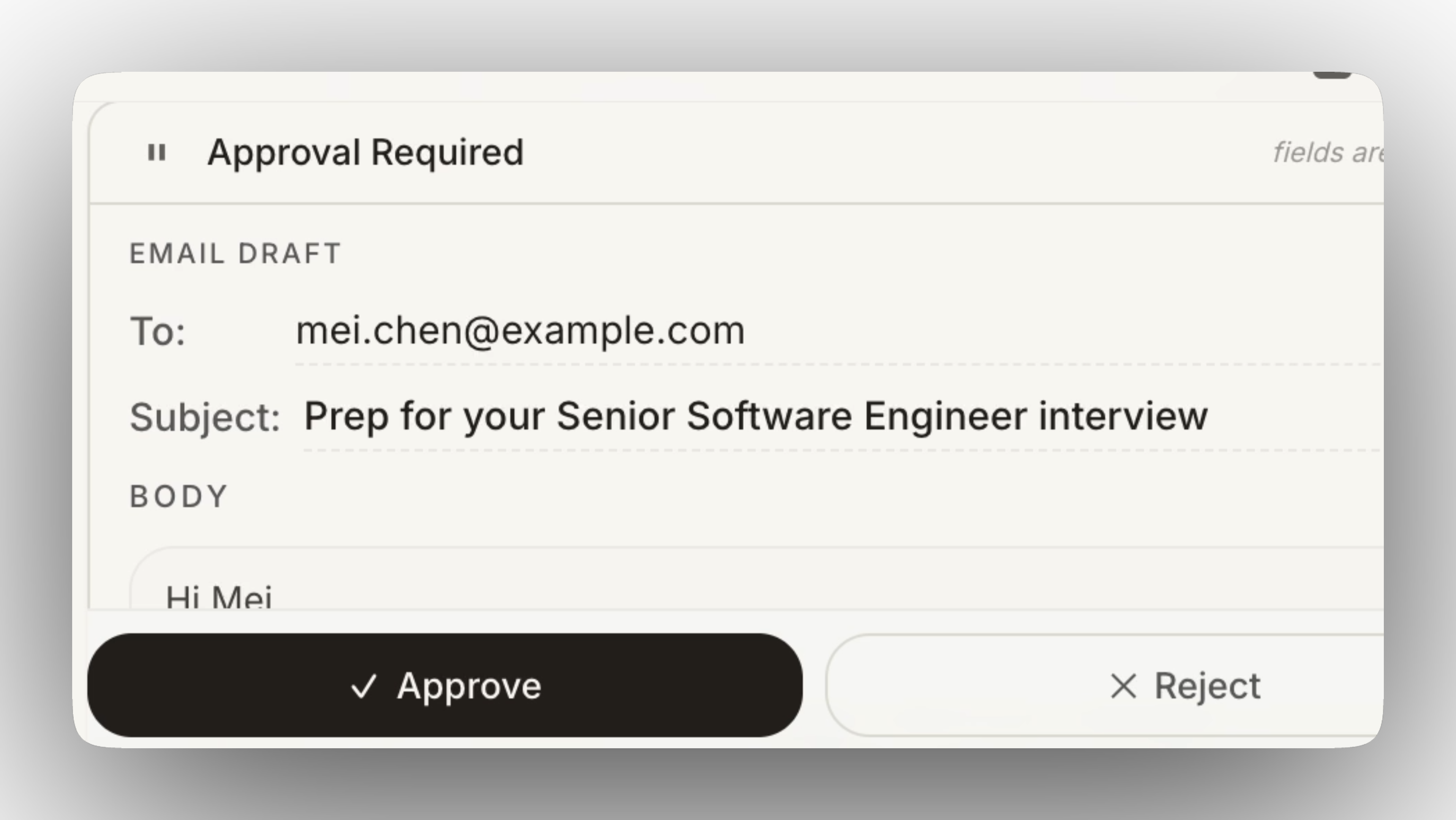Hamrr approval screen with approve and reject controls for an email draft