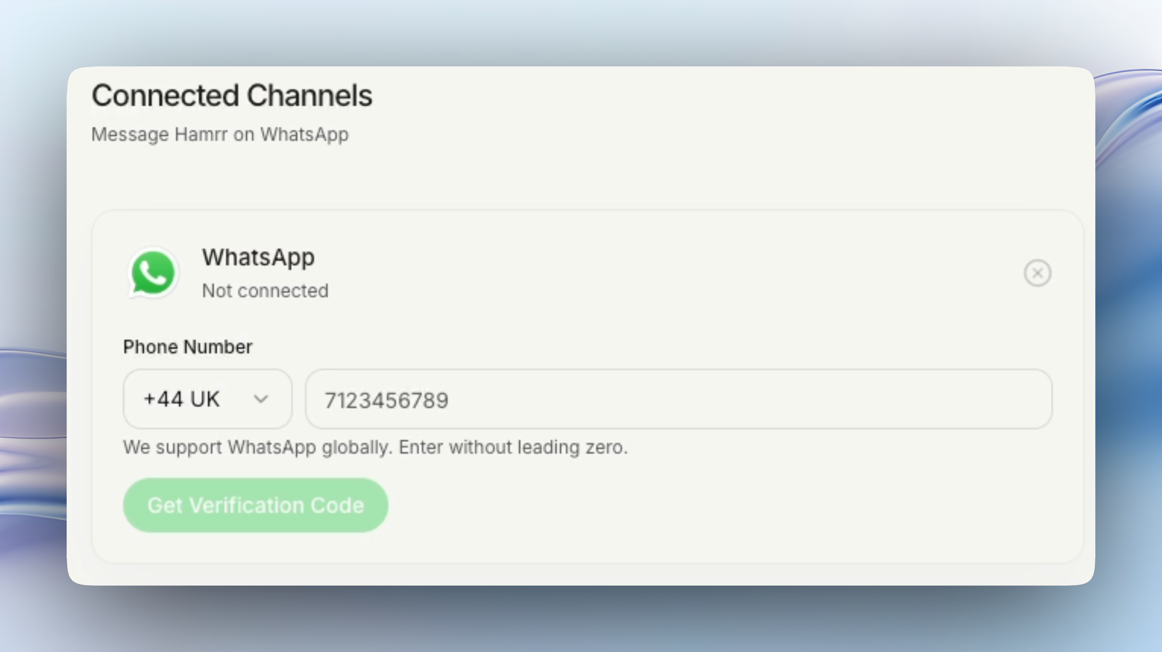Hamrr connected channels setup screen for WhatsApp